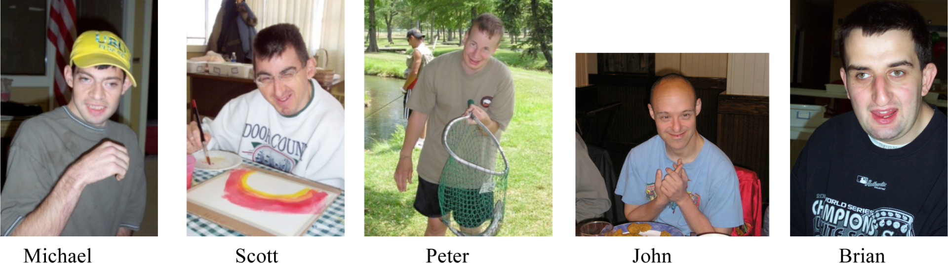 A series of five photos showcasing men with varying expressions and activities, including painting, holding a fishing net, and sitting indoors, subtly hint at the meticulous attention to detail often seen in Commercial Landscaping Services.